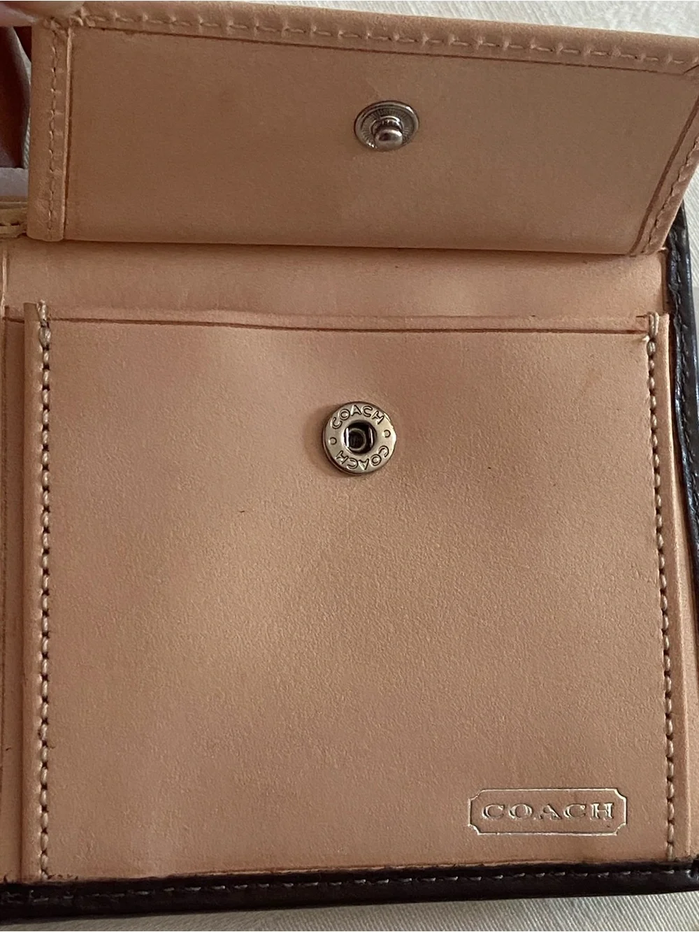 Coach Calf Leather Bi-Fold Wallet in Dark Brown with Cowhide Tan Interior